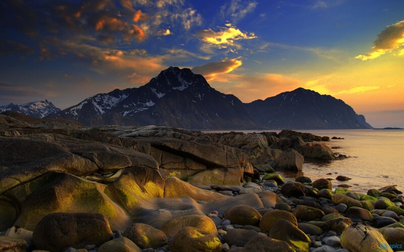 Rocky Shore at Sunset — Blue, Dramatic, Photograph, Mountains, Sea