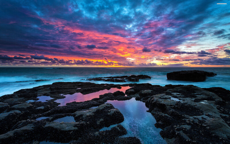 Rocky Shore at Sunset — Blue, Dramatic, Photograph, Ocean, Clouds, Rocks