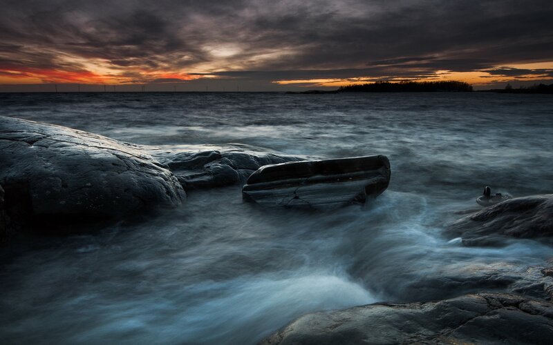 Rocky Shore at Sunset — Blue, Dramatic, Photograph, Ocean, Clouds