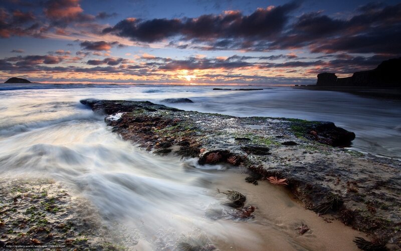 Rocky Shore at Sunset — Blue, Dramatic, Photograph, Ocean