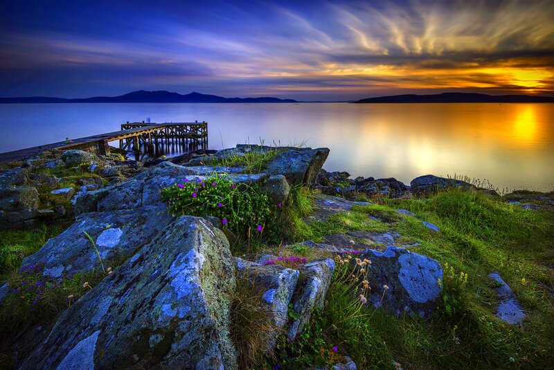 Rocky Shore at Sunset — Blue, Serene, Photograph, Dock