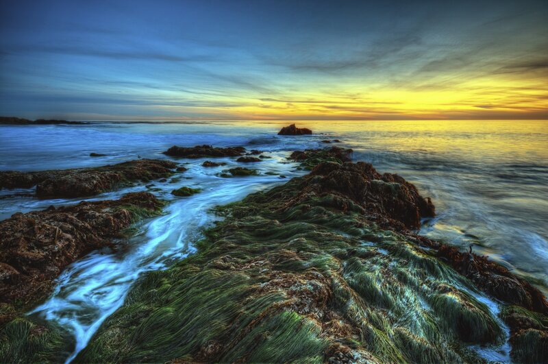 Rocky Shore at Sunset — Blue, Serene, Photograph, Ocean, Sky
