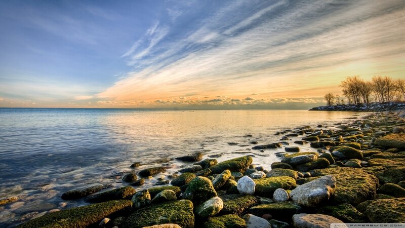 Rocky Shore at Sunset — Blue, Serene, Photograph