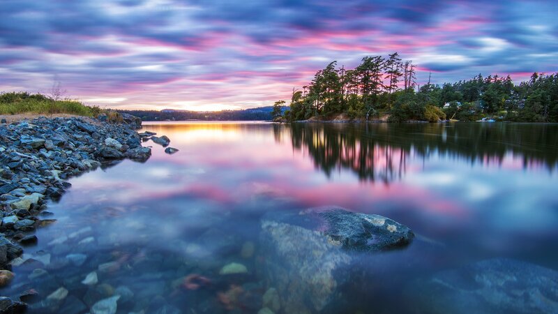 Rocky Shore at Sunset — Blue, Serene, Photograph, Trees