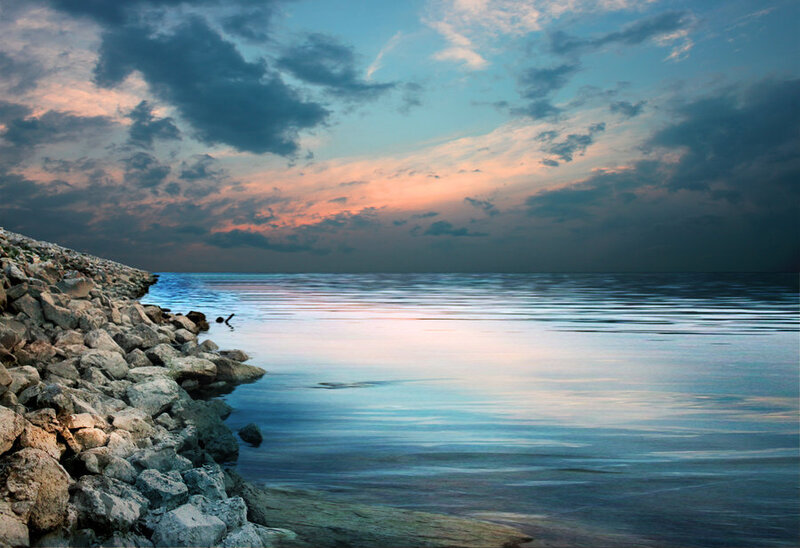 Rocky Shore at Sunset — Blue, Serene