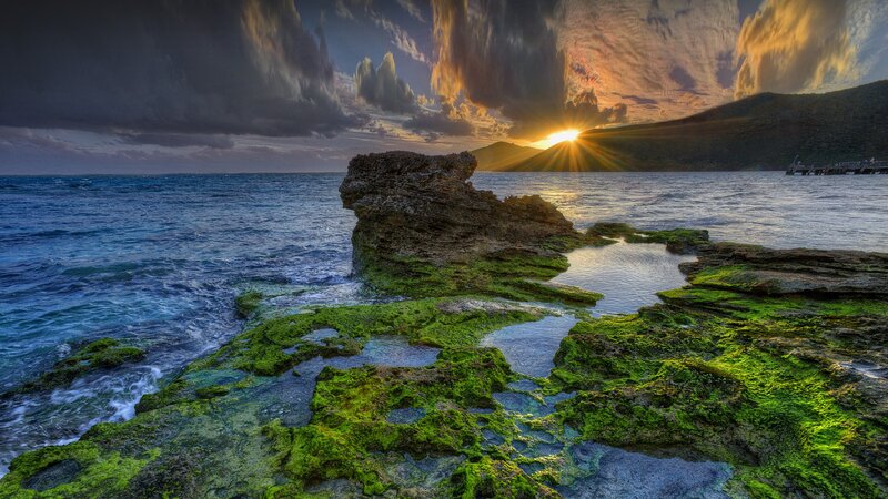 Rocky Shore at Sunset — Green