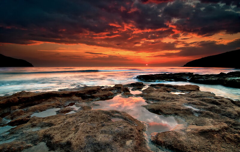 Rocky Shore at Sunset — Orange, Dramatic, Photograph, Ocean, Clouds, Rocks