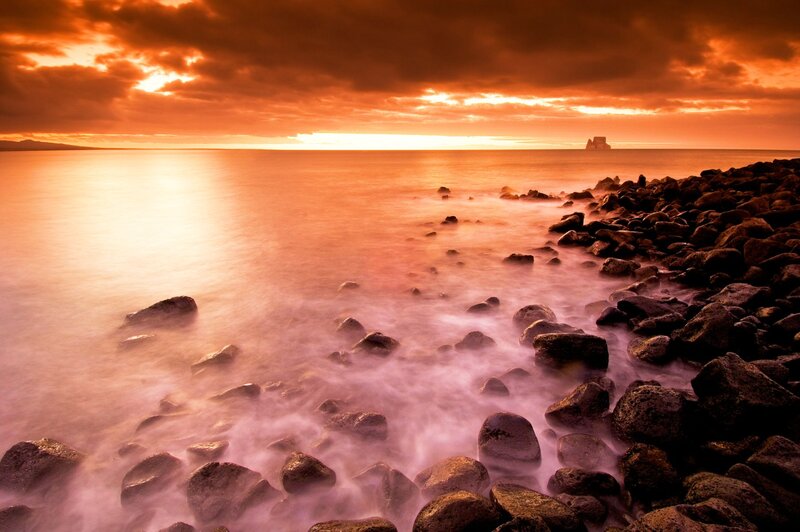 Rocky Shore at Sunset — Orange, Dramatic, Photograph, Ocean, Clouds