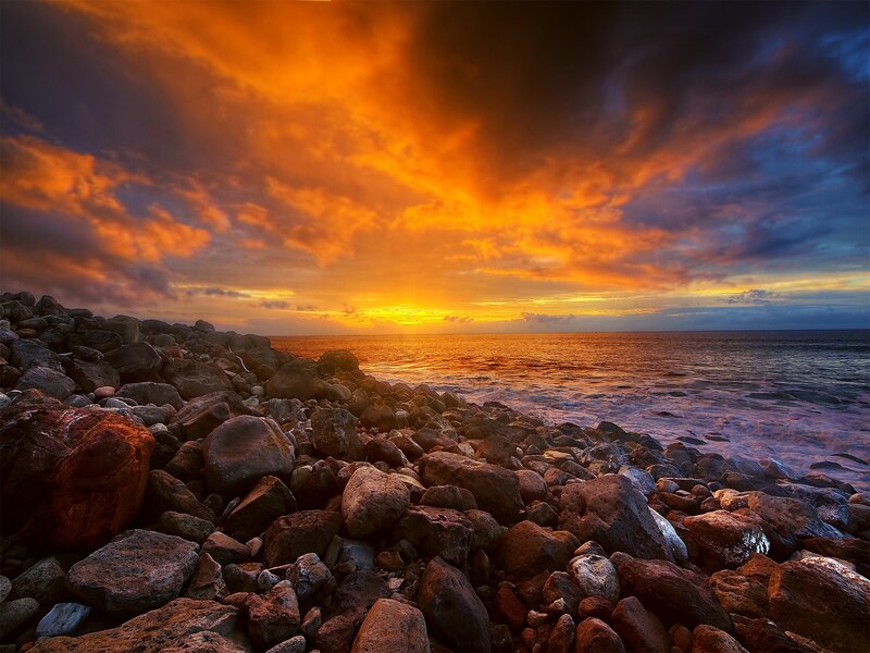 Rocky Shore at Sunset — Orange, Dramatic, Photograph, Ocean, Sky, Clouds
