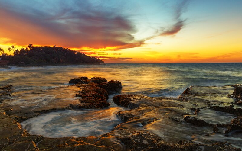 Rocky Shore at Sunset — Orange, Dramatic, Photograph, Ocean, Sky, Palm Trees
