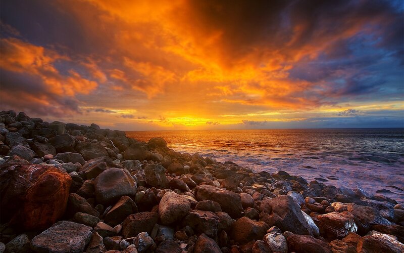Rocky Shore at Sunset — Orange, Dramatic, Photograph, Ocean, Sky, Rocks