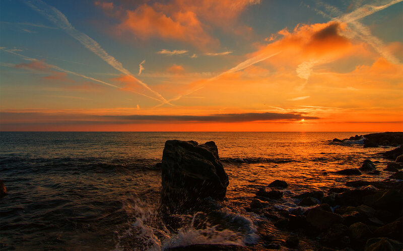 Rocky Shore at Sunset — Orange, Dramatic, Photograph, Ocean, Sky