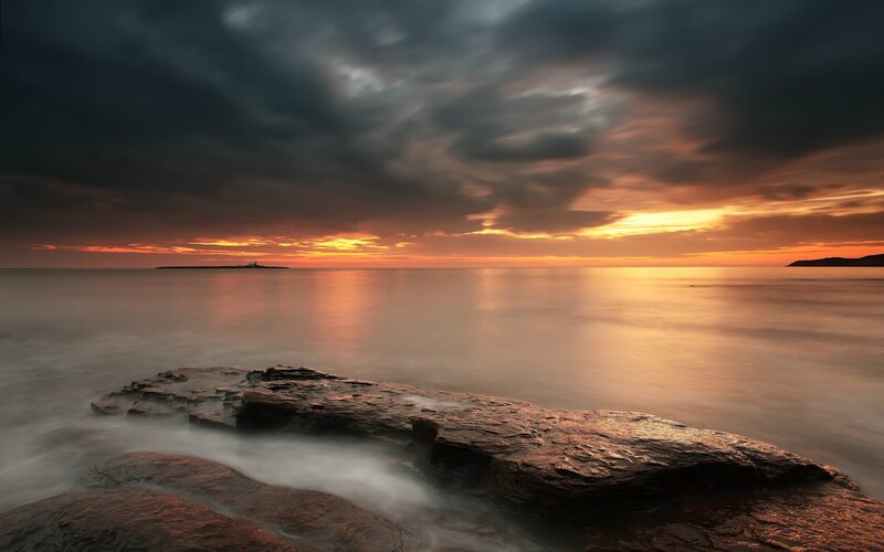 Rocky Shore at Sunset — Orange, Dramatic, Photograph, Ocean