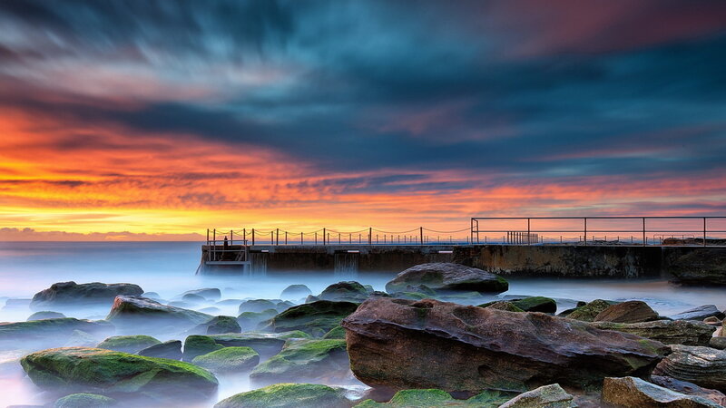 Rocky Shore at Sunset — Orange, Dramatic, Photograph, Pier, Ocean