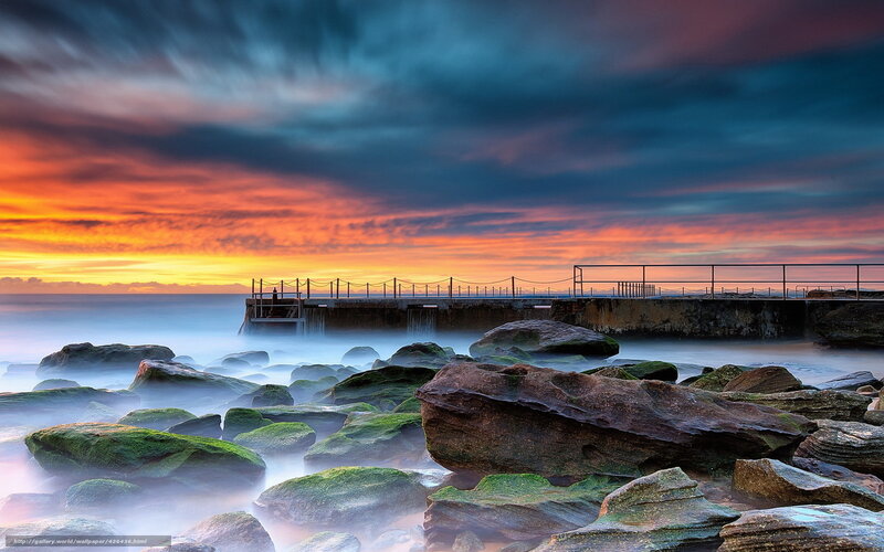 Rocky Shore at Sunset — Orange, Dramatic, Photograph, Pier, Sky