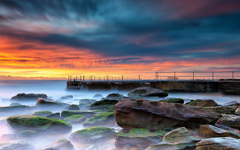 Rocky Shore at Sunset — Orange, Dramatic, Photograph, Pier