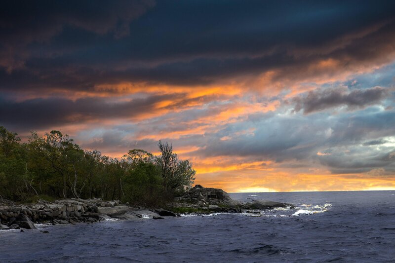 Rocky Shore at Sunset — Orange, Dramatic, Photograph, Trees