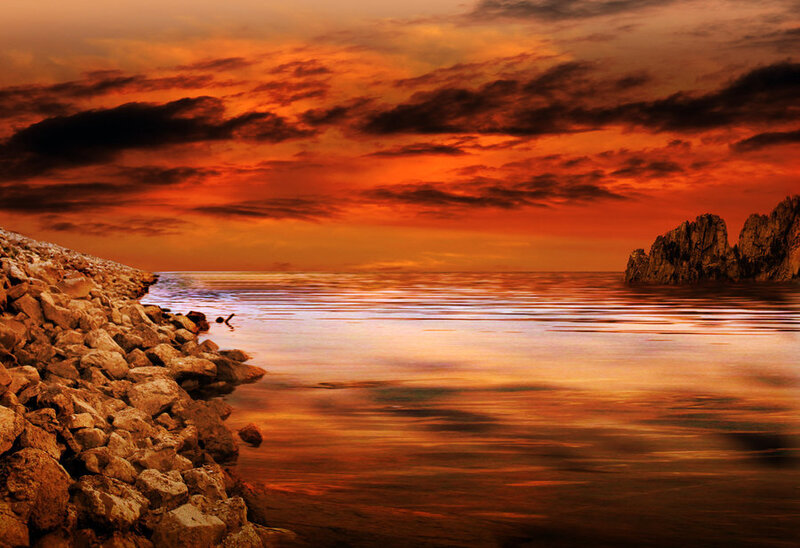 Rocky Shore at Sunset — Orange, Dramatic