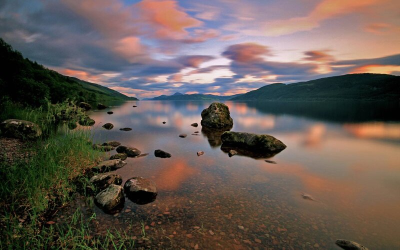 Rocky Shore at Sunset — Orange, Serene, Photograph, Lake