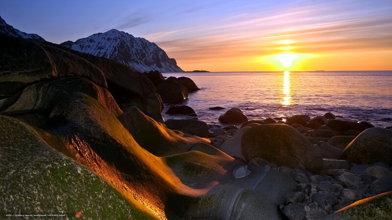 Rocky Shore at Sunset — Orange, Serene, Photograph, Mountain, Sea