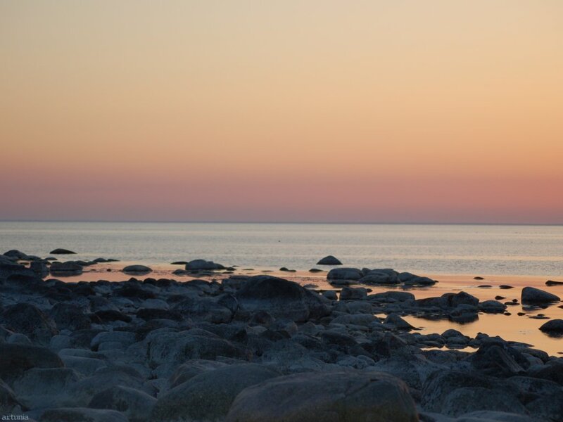 Rocky Shore at Sunset — Orange, Serene, Photograph, Rocks, Sea