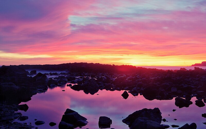 Rocky Shore at Sunset — Pink, Dramatic