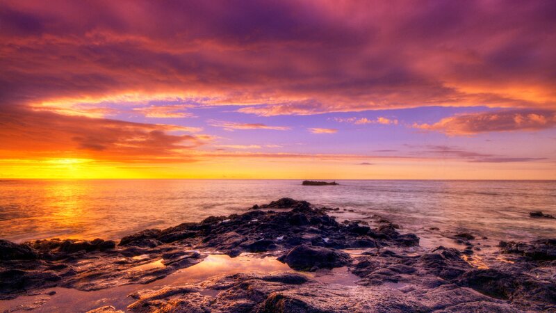 Rocky Shore at Sunset — Purple, Dramatic, Photograph, Ocean