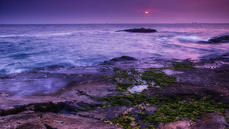 Rocky Shore at Sunset — Purple, Serene, Photograph, Ocean, Sun