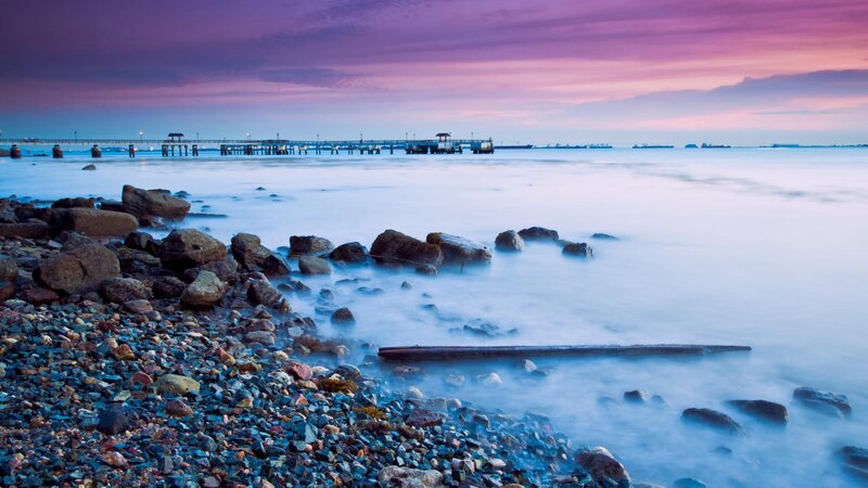 Rocky Shore at Sunset — Purple, Serene, Photograph, Pier