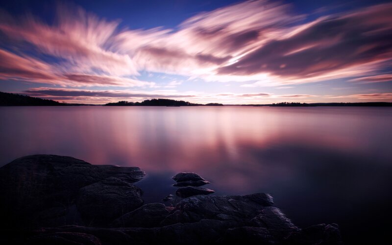 Rocky Shore at Sunset — Purple, Serene, Photograph, Rocks, Water