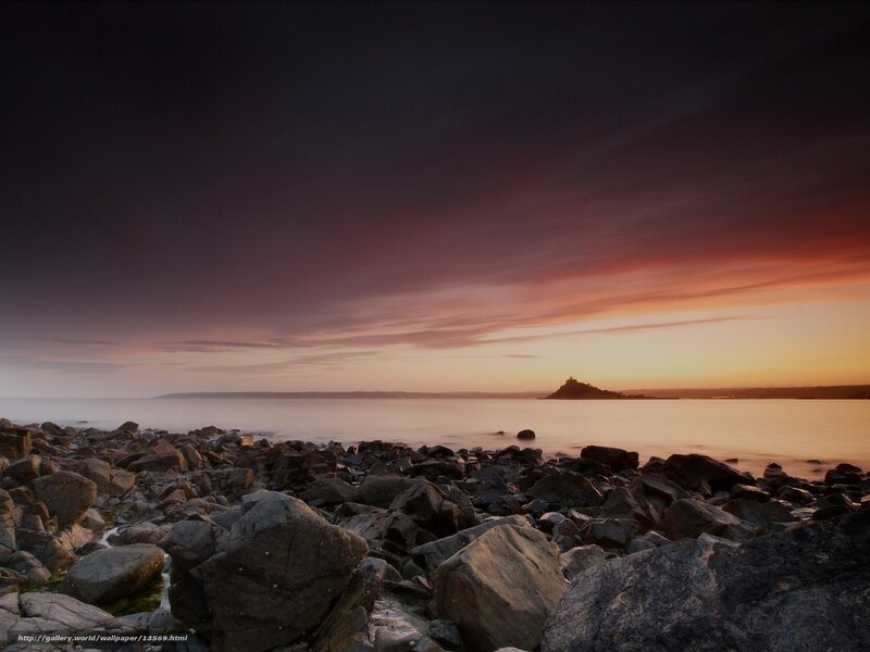 Rocky Shore at Sunset — Purple, Serene