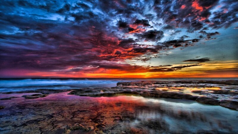 Rocky Shore at Sunset — Red, Dramatic, Photograph, Ocean