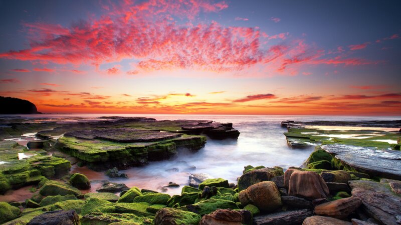Rocky Shore at Sunset — Red, Dramatic, Photograph, Rocks, Ocean