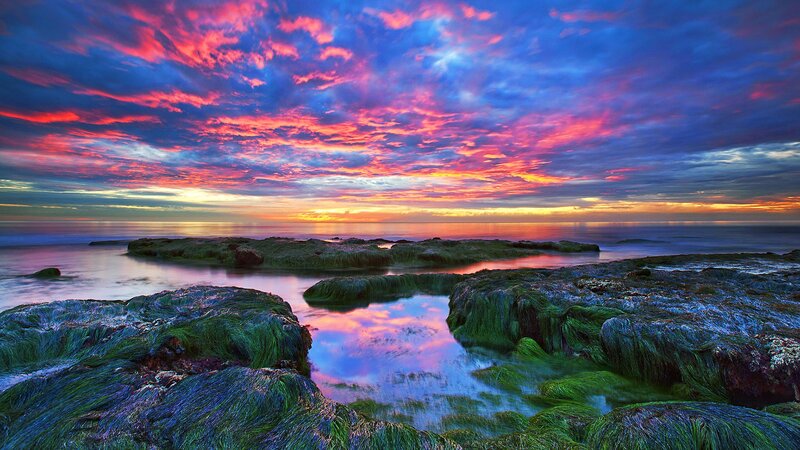 Rocky Shore at Sunset — Red, Dramatic, Photograph, Rocks, Sea