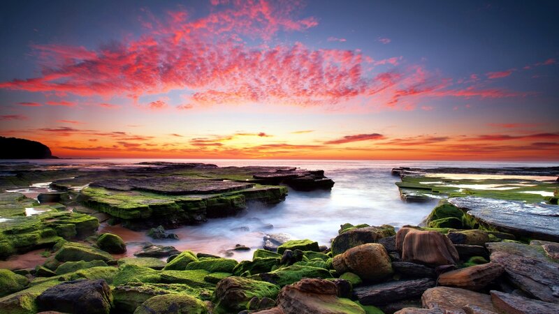 Rocky Shore at Sunset — Red, Dramatic, Photograph, Rocks