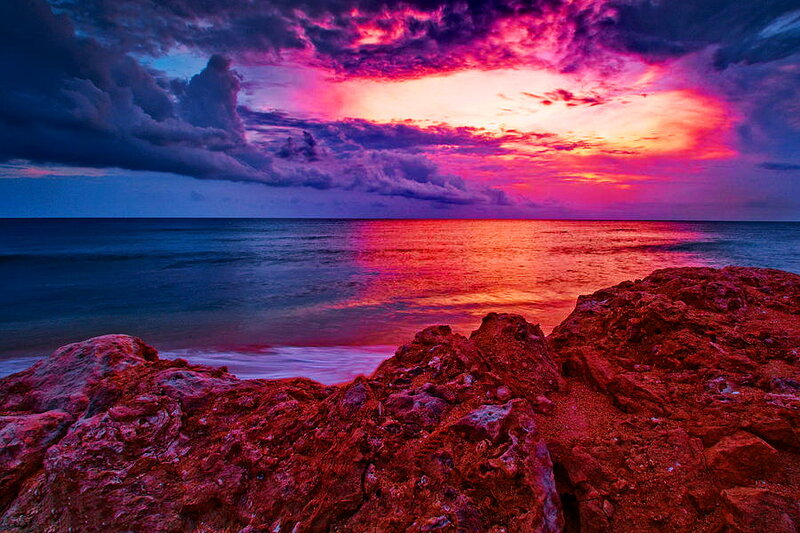Rocky Shore at Sunset — Red, Dramatic