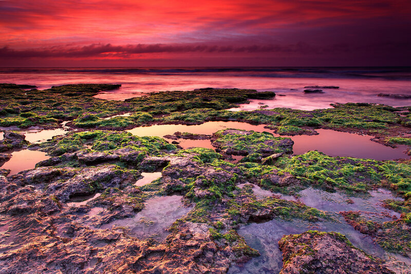 Rocky Shore at Sunset — Red