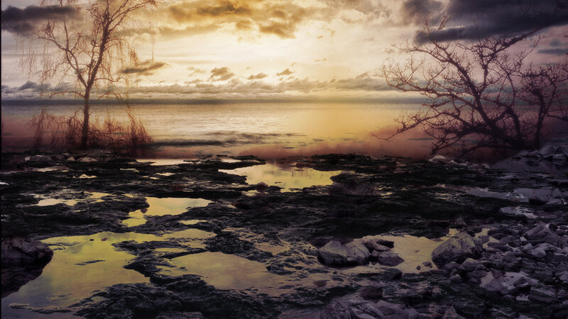 Rocky Shore at Sunset — Yellow, Dramatic