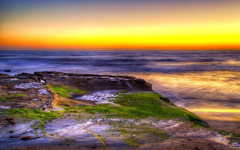 Rocky Shore at Sunset — Yellow, Serene