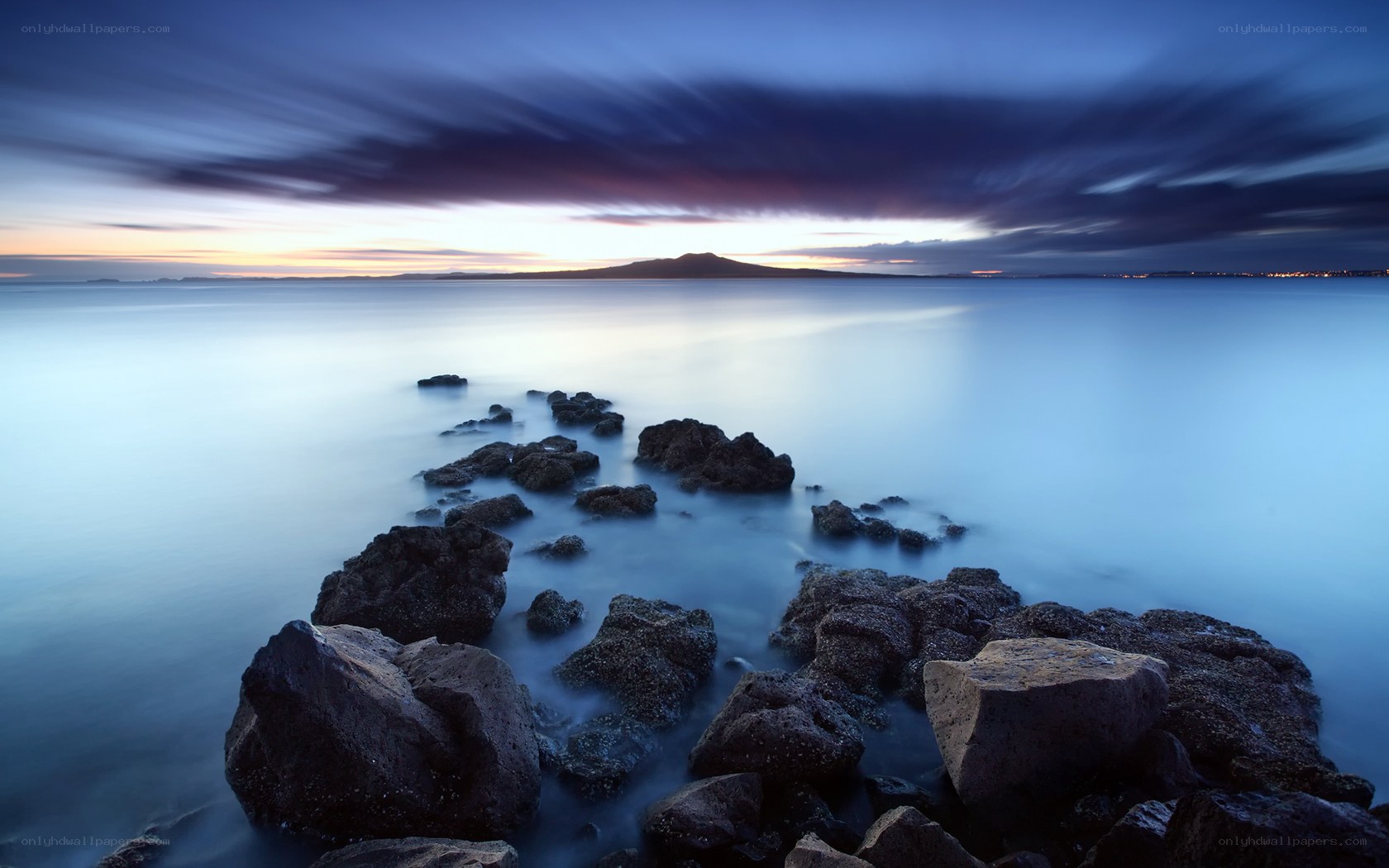 Rocky shore at twilight