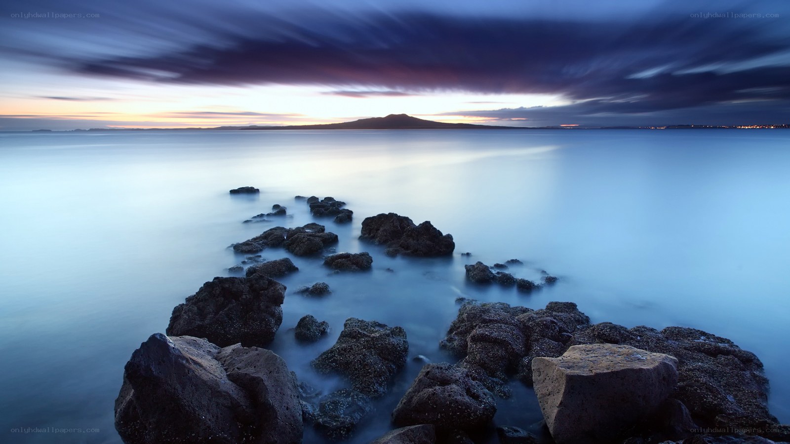 Rocky shore at twilight