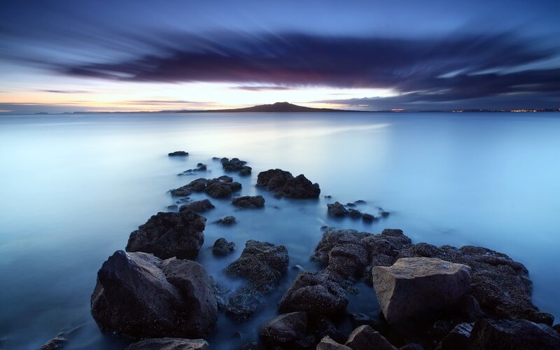 Rocky shore at twilight
