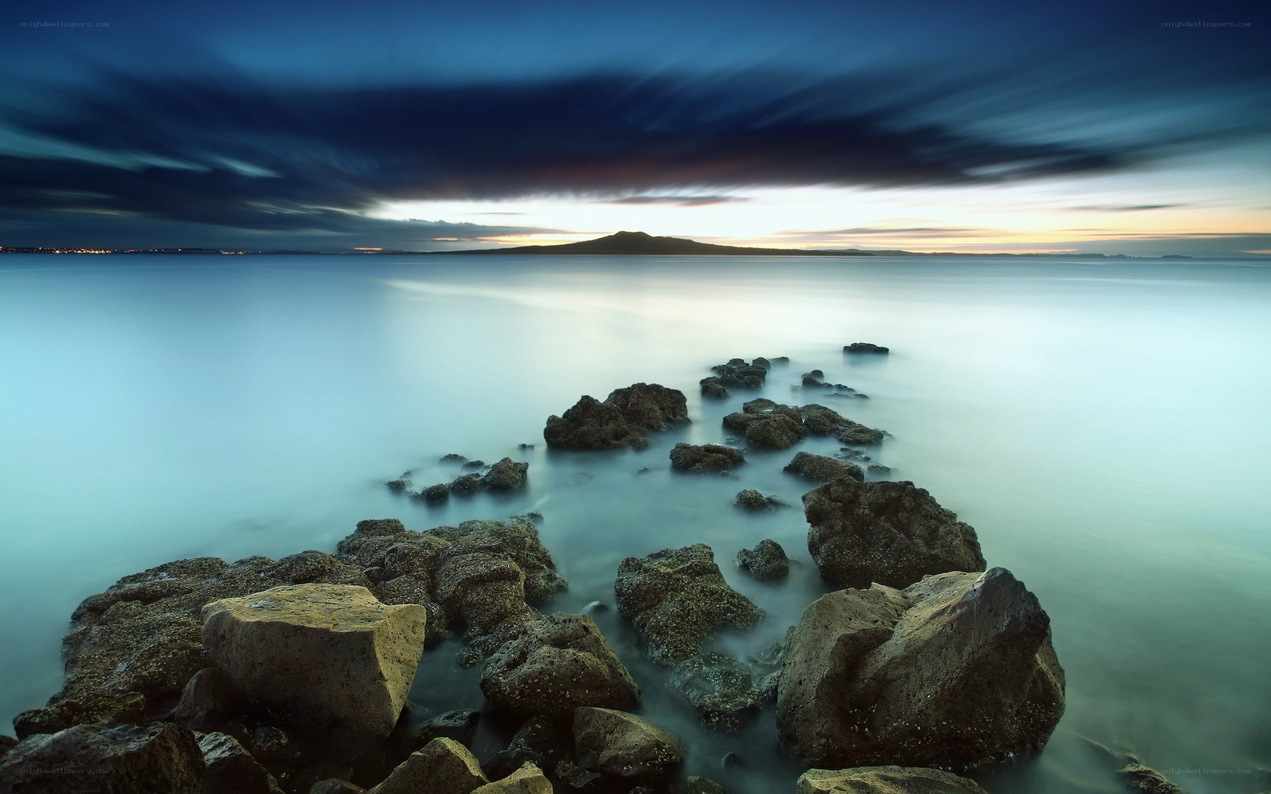 Rocky shore at twilight