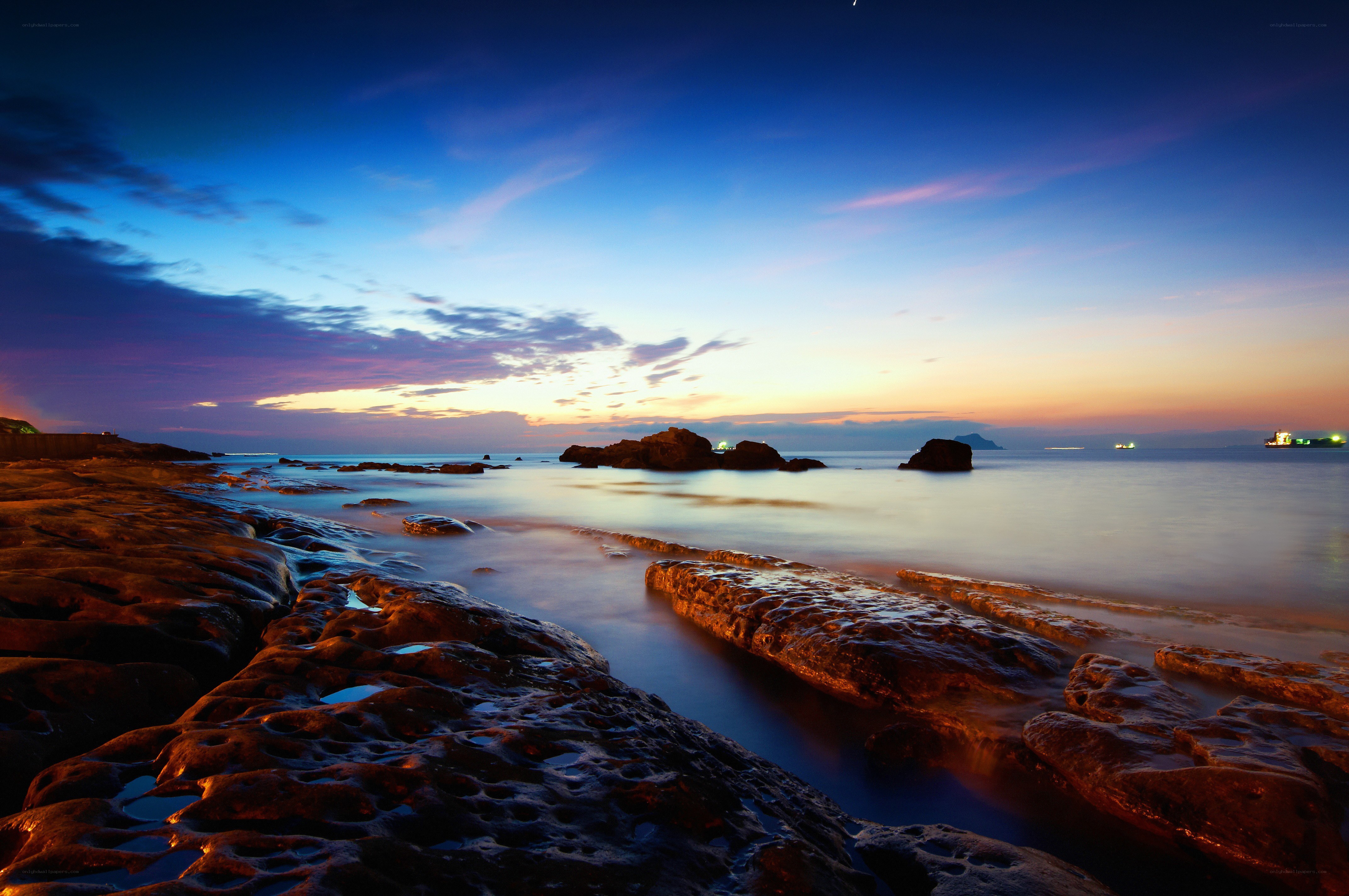 Rocky shore at twilight