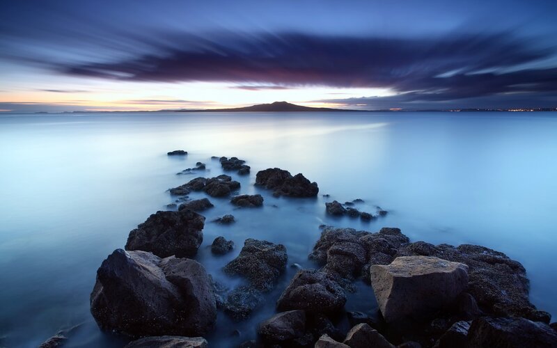 Rocky shore at twilight