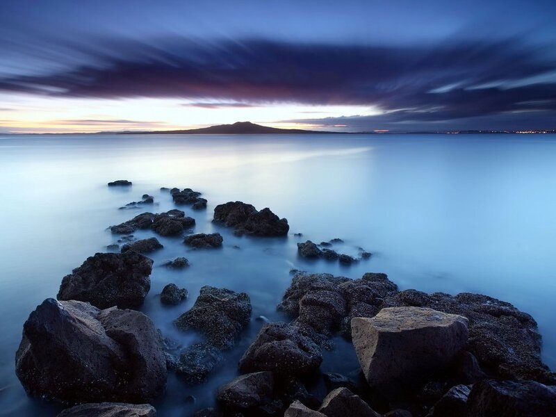 Rocky shore at twilight