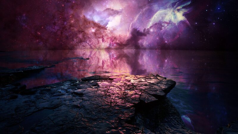 Rocky Shore under Nebula — Purple