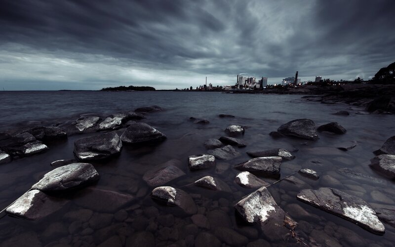 Rocky shore under stormy sky