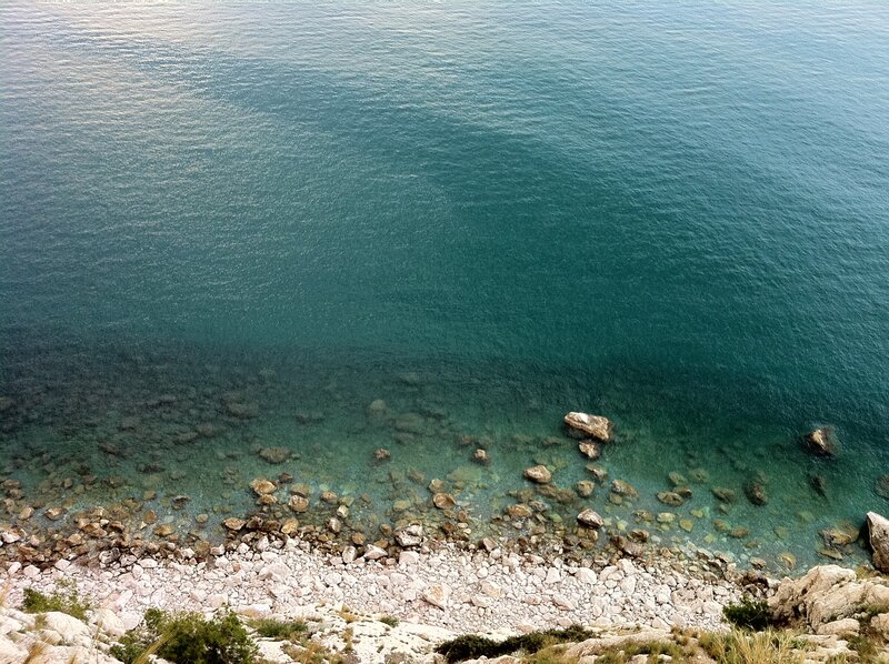 rocky shore with clear blue water