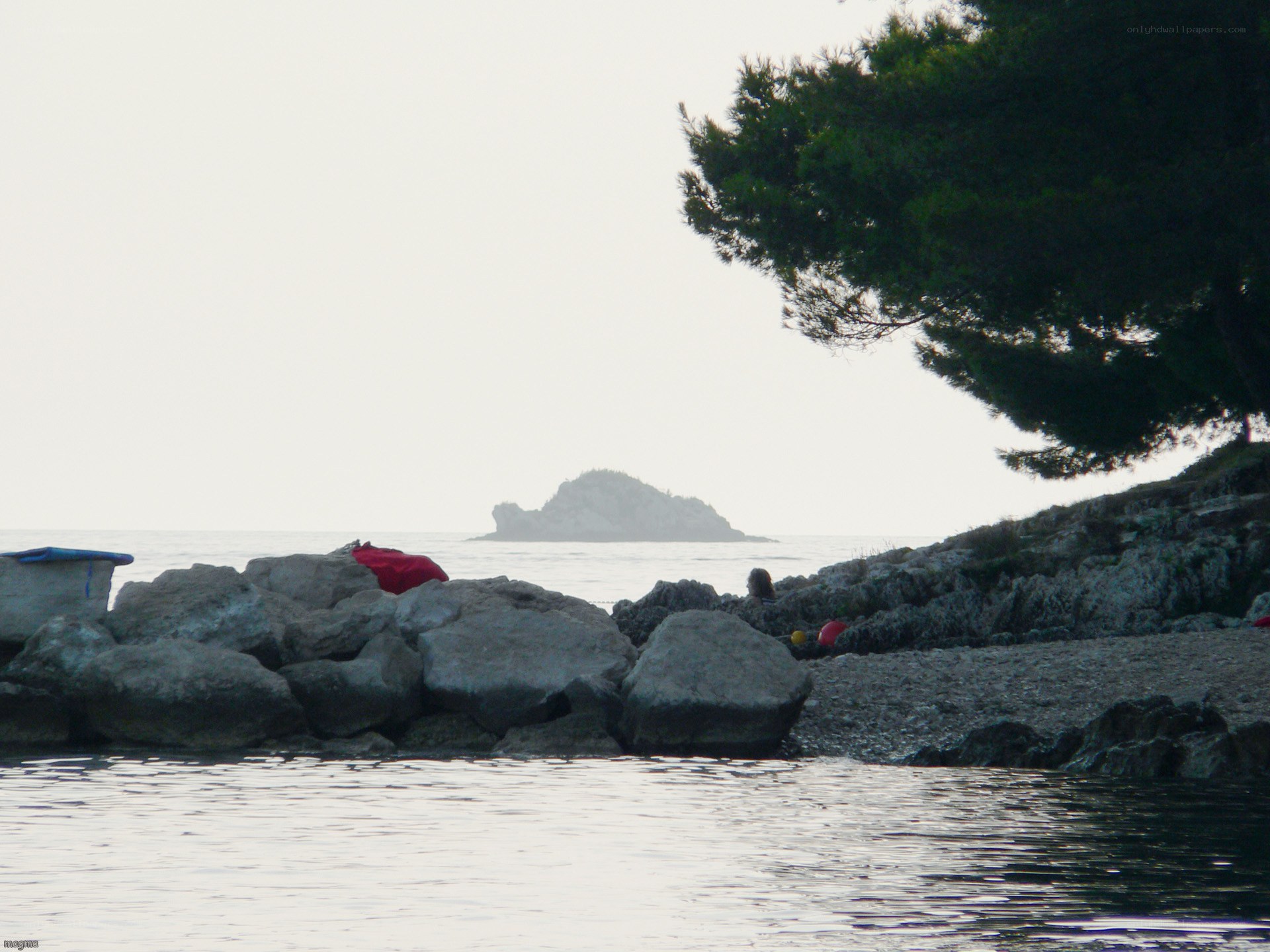 Rocky shore with distant island